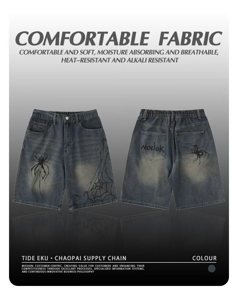 Trendy Men's Light Blue Vintage Washed Spider Print Denim Shorts - Relaxed Straight Fit