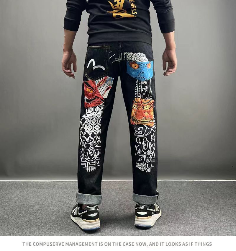 Morihida Deity Wash Jeans – Light Washed M-print Embroidered Patchwork Denim Pants for Men