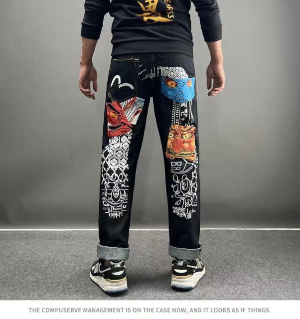 Morihida Deity Wash Jeans – Light Washed M-print Embroidered Patchwork Denim Pants for Men