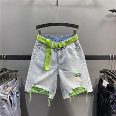 Europe Collection 2025 Summer New Trendy Colorful Distressed Ripped Jeans - Women's High-Waisted Slimming Wide-Leg Bermuda Shorts