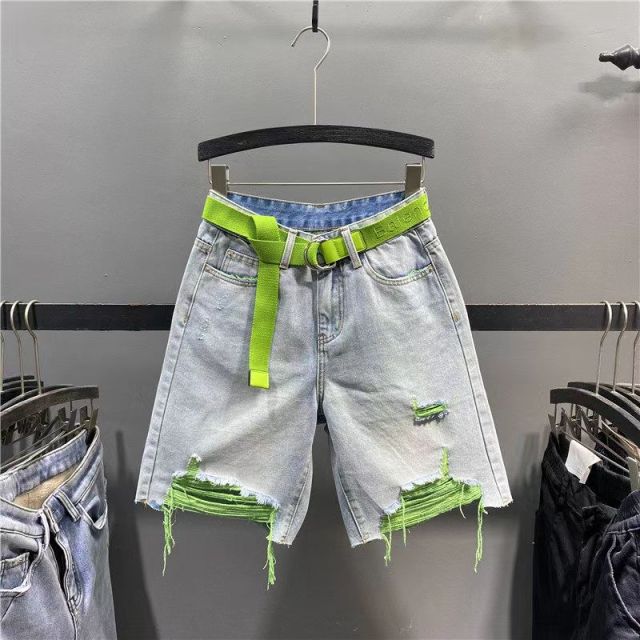 Europe Collection 2025 Summer New Trendy Colorful Distressed Ripped Jeans - Women's High-Waisted Slimming Wide-Leg Bermuda Shorts