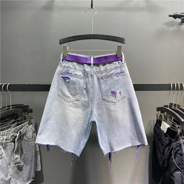 Europe Collection 2025 Summer New Trendy Colorful Distressed Ripped Jeans - Women's High-Waisted Slimming Wide-Leg Bermuda Shorts