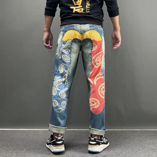 Morihida Deity Wash Jeans – Light Washed M-print Embroidered Patchwork Denim Pants for Men