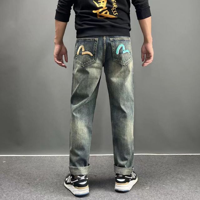 Morihida Deity Wash Jeans – Light Washed M-print Embroidered Patchwork Denim Pants for Men