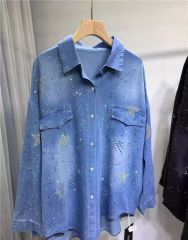 European-style heavy-duty rhinestone jacket women's starry denim coat  casual mid-length slim-fit cardigan long-sleeve shirt for spring and summer