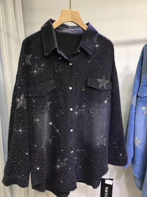 European-style heavy-duty rhinestone jacket women's starry denim coat  casual mid-length slim-fit cardigan long-sleeve shirt for spring and summer