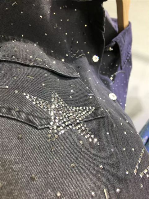 European-style heavy-duty rhinestone jacket women's starry denim coat  casual mid-length slim-fit cardigan long-sleeve shirt for spring and summer