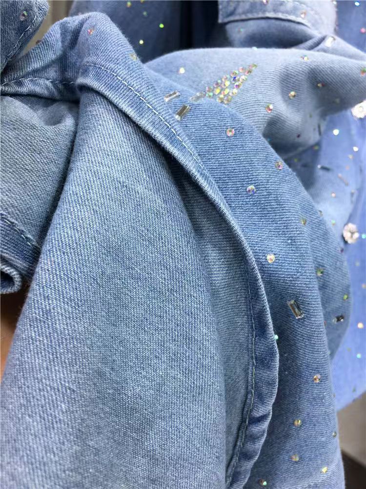 European-style heavy-duty rhinestone jacket women's starry denim coat  casual mid-length slim-fit cardigan long-sleeve shirt for spring and summer