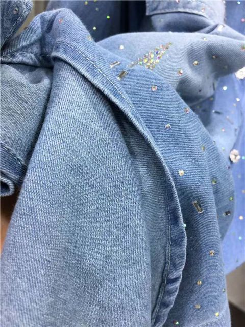 European-style heavy-duty rhinestone jacket women's starry denim coat  casual mid-length slim-fit cardigan long-sleeve shirt for spring and summer