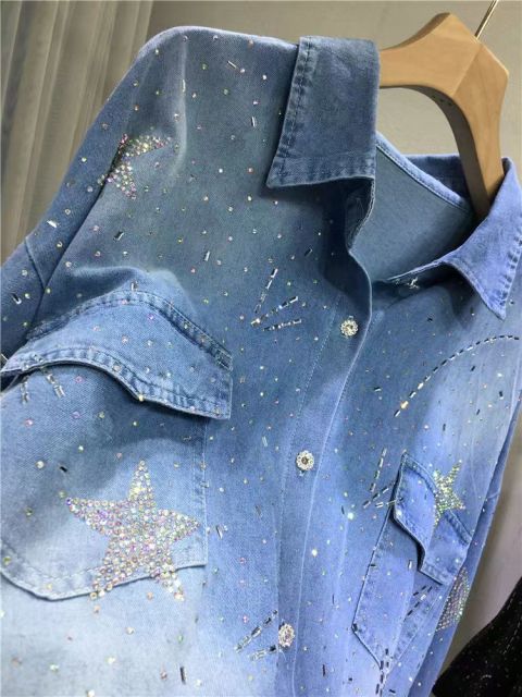 European-style heavy-duty rhinestone jacket women's starry denim coat  casual mid-length slim-fit cardigan long-sleeve shirt for spring and summer