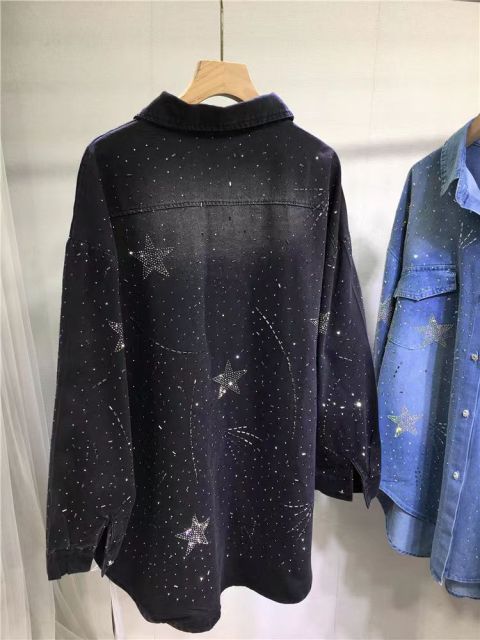European-style heavy-duty rhinestone jacket women's starry denim coat  casual mid-length slim-fit cardigan long-sleeve shirt for spring and summer
