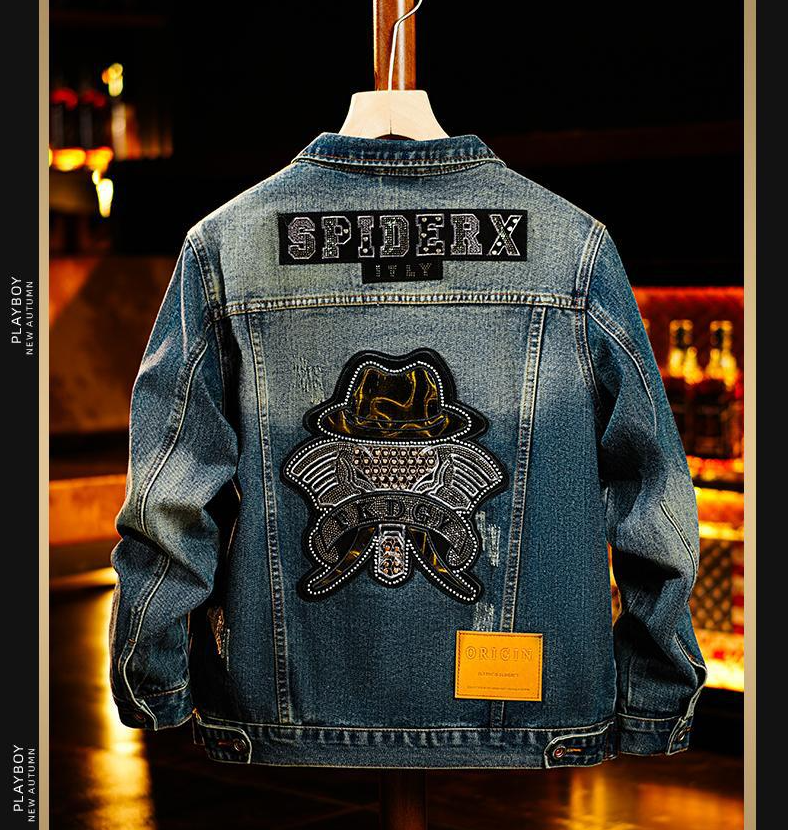 SALEISI Men’sDenim Jacket – Heavy Duty Rhinestone Studded Trucker Jacket, Vintage Distressed Coat (New Arrival)