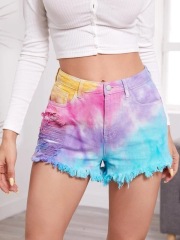 Tie-Dye Distressed Women's Denim Shorts with Fringe Hem – Loose Fit, Factory Direct to Amazon EU/US