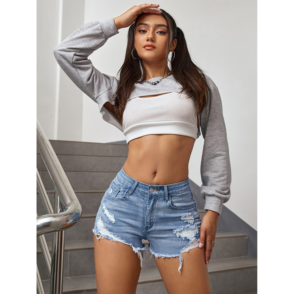 Summer New Arrival: Vintage Washed High-Waisted Distressed Solid Denim Shorts with Frayed Hem