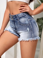 2025 High Waisted   Frayed Hem Distressed Jean Shorts for Work & Casual Women's Denim Shorts