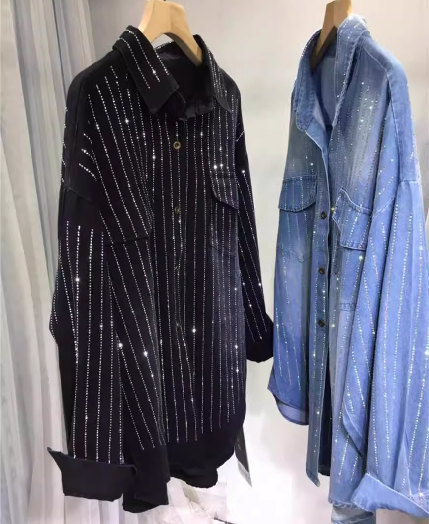 European Site Spring/Autumn New Arrival Heavy Embellishment Rhinestone Design Niche Denim Shirt Women's Loose Fit Layering Trendy Blouse