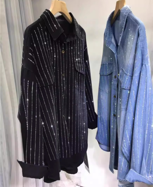 European Site Spring/Autumn New Arrival Heavy Embellishment Rhinestone Design Niche Denim Shirt Women's Loose Fit Layering Trendy Blouse