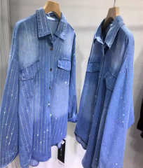 European Site Spring/Autumn New Arrival Heavy Embellishment Rhinestone Design Niche Denim Shirt Women's Loose Fit Layering Trendy Blouse