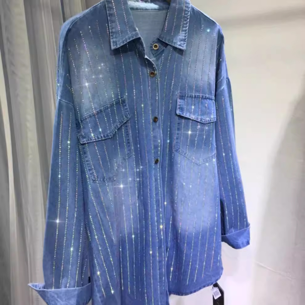 European Site Spring/Autumn New Arrival Heavy Embellishment Rhinestone Design Niche Denim Shirt Women's Loose Fit Layering Trendy Blouse