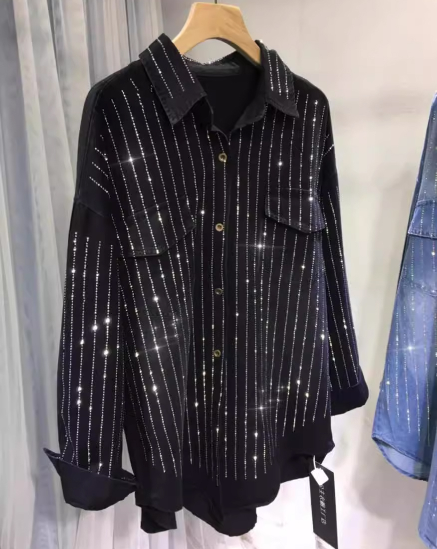European Site Spring/Autumn New Arrival Heavy Embellishment Rhinestone Design Niche Denim Shirt Women's Loose Fit Layering Trendy Blouse
