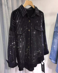 European Site Spring/Autumn New Arrival Heavy Embellishment Rhinestone Design Niche Denim Shirt Women's Loose Fit Layering Trendy Blouse