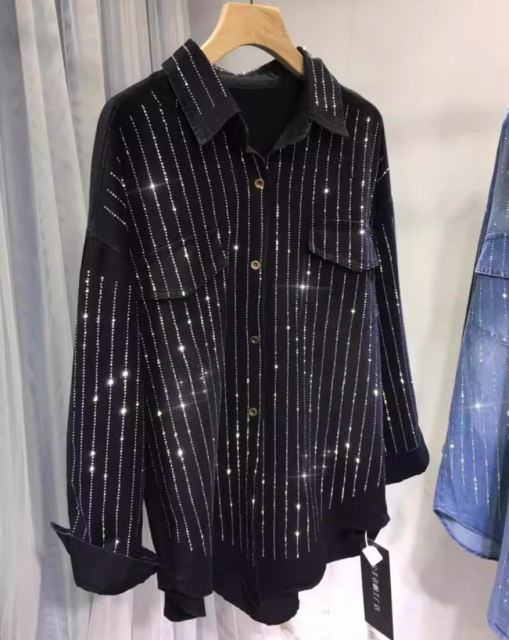 European Site Spring/Autumn New Arrival Heavy Embellishment Rhinestone Design Niche Denim Shirt Women's Loose Fit Layering Trendy Blouse