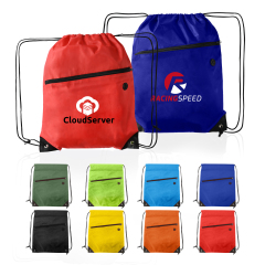 Polyester Drawstring Backpack w/ Front Zipper Pocket