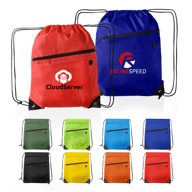Polyester Drawstring Backpack w/ Front Zipper Pocket