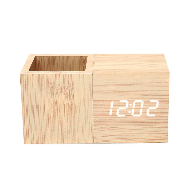 Digital Wooden LED Alarm Clock with Pen Holder