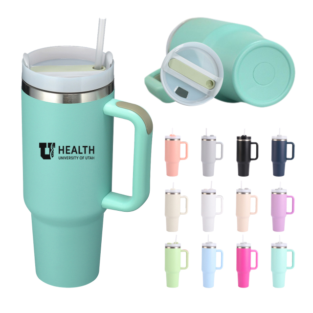 40 Oz. Stainless Steel Tumbler w/Handle and Straw Lid