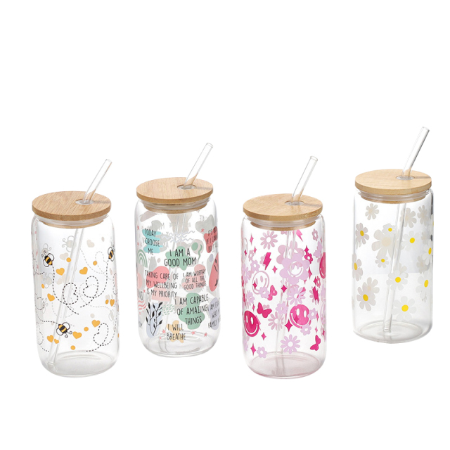 16 Oz. Drinking Glasses w/Bamboo Lid & Glass Straw
