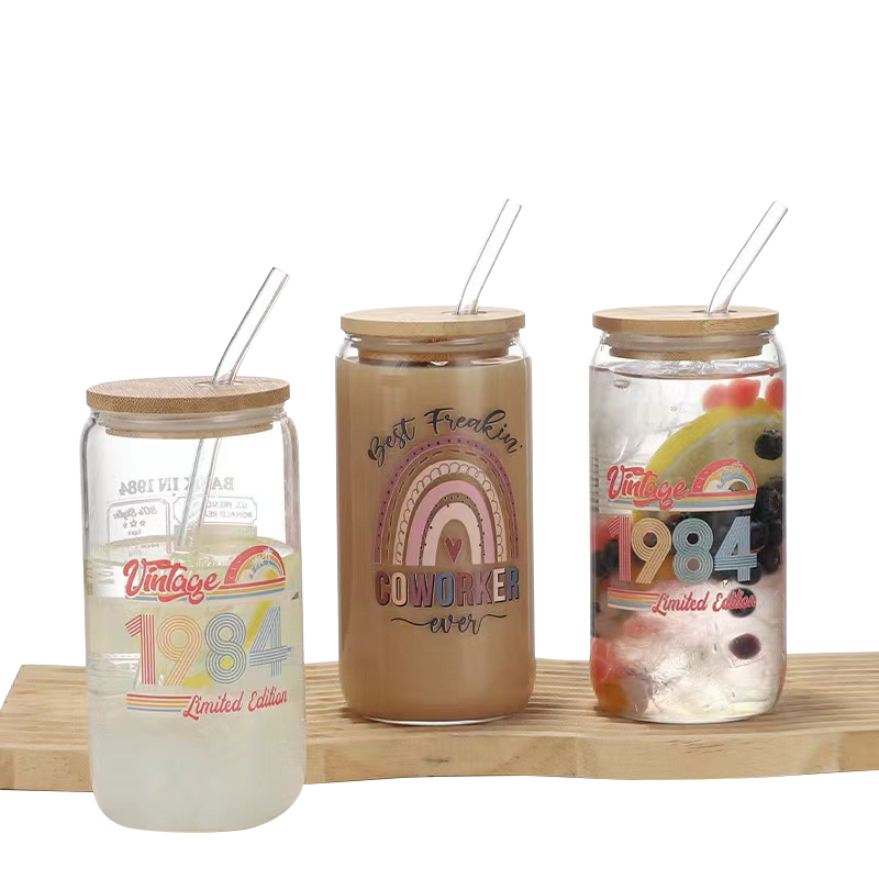 16 Oz. Drinking Glasses w/Bamboo Lid & Glass Straw