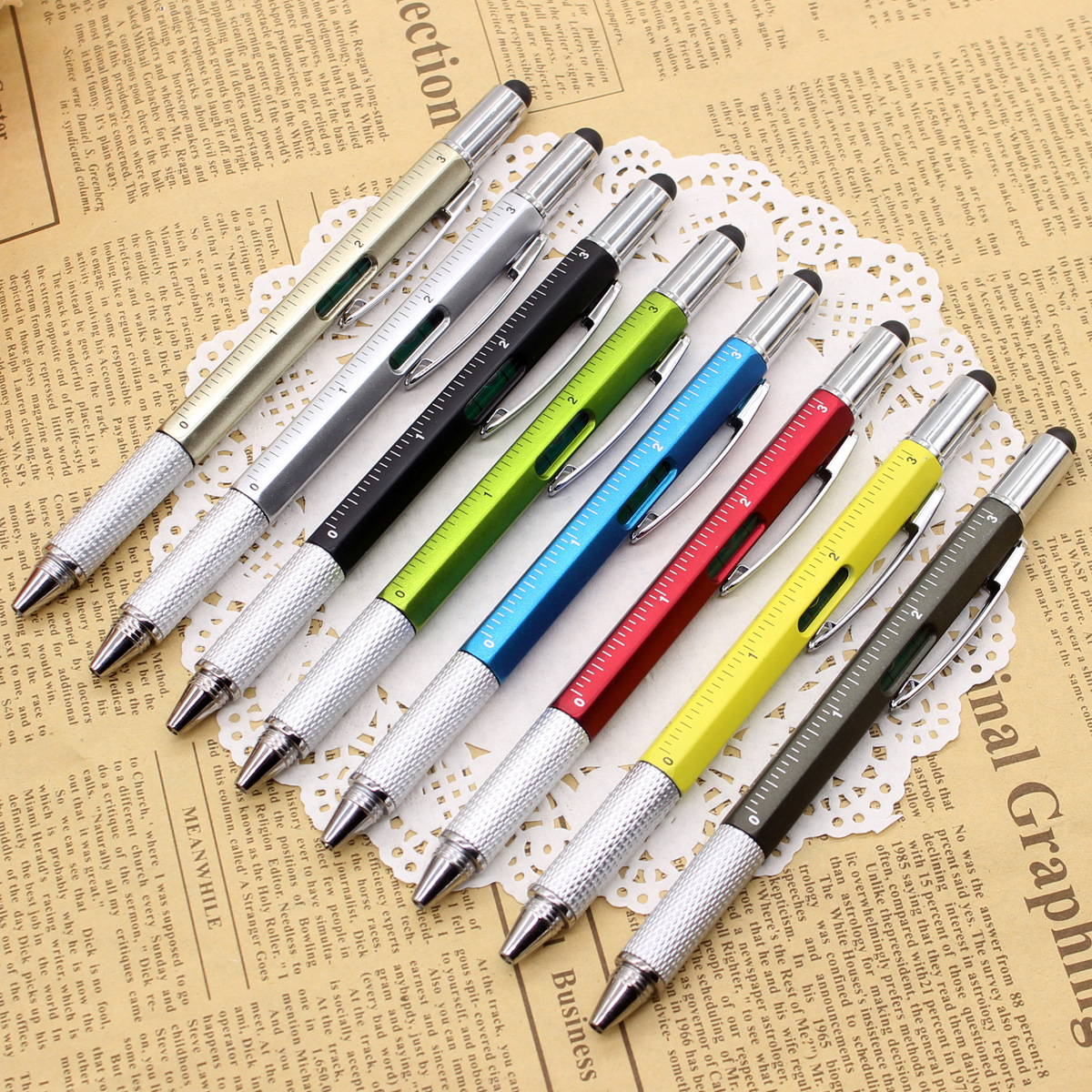 Multi-Tool Ballpoint Pen w/Screw Heads/Ruler/Spirit Level