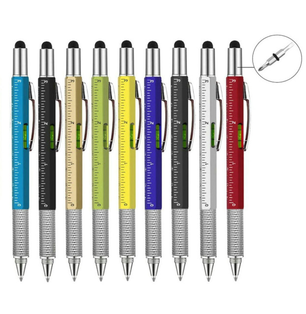 Multi-Tool Ballpoint Pen w/Screw Heads/Ruler/Spirit Level