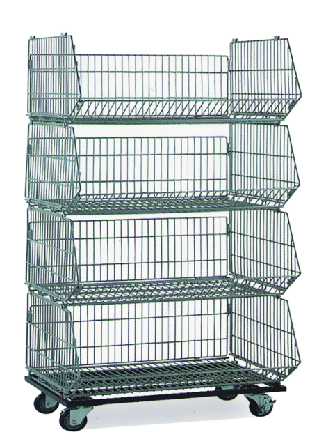 4-Tier Stackable Display Baskets with Wheels – Polished Zinc