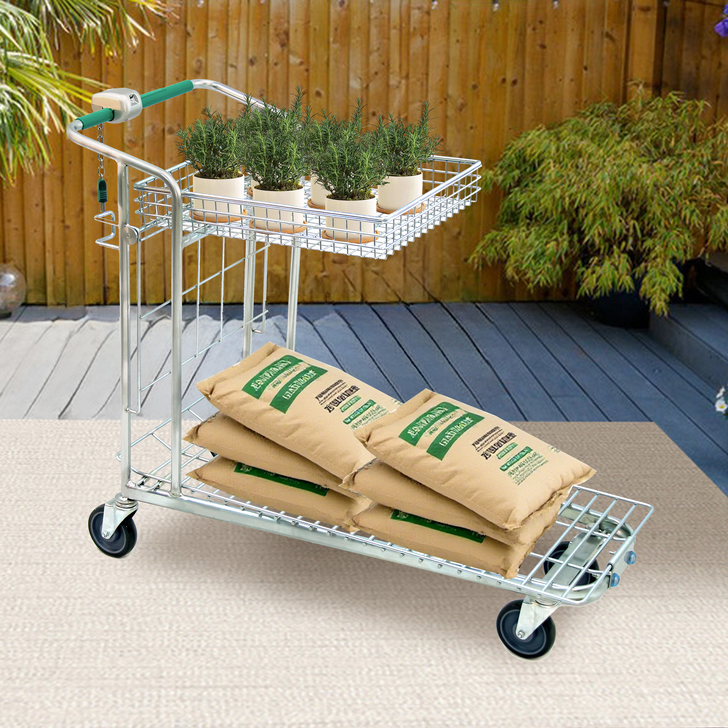 Two-Tier Flatbed Trolley with Foldable Basket – DIY & Garden Centre Cart – Heavy-Duty Utility Trolley