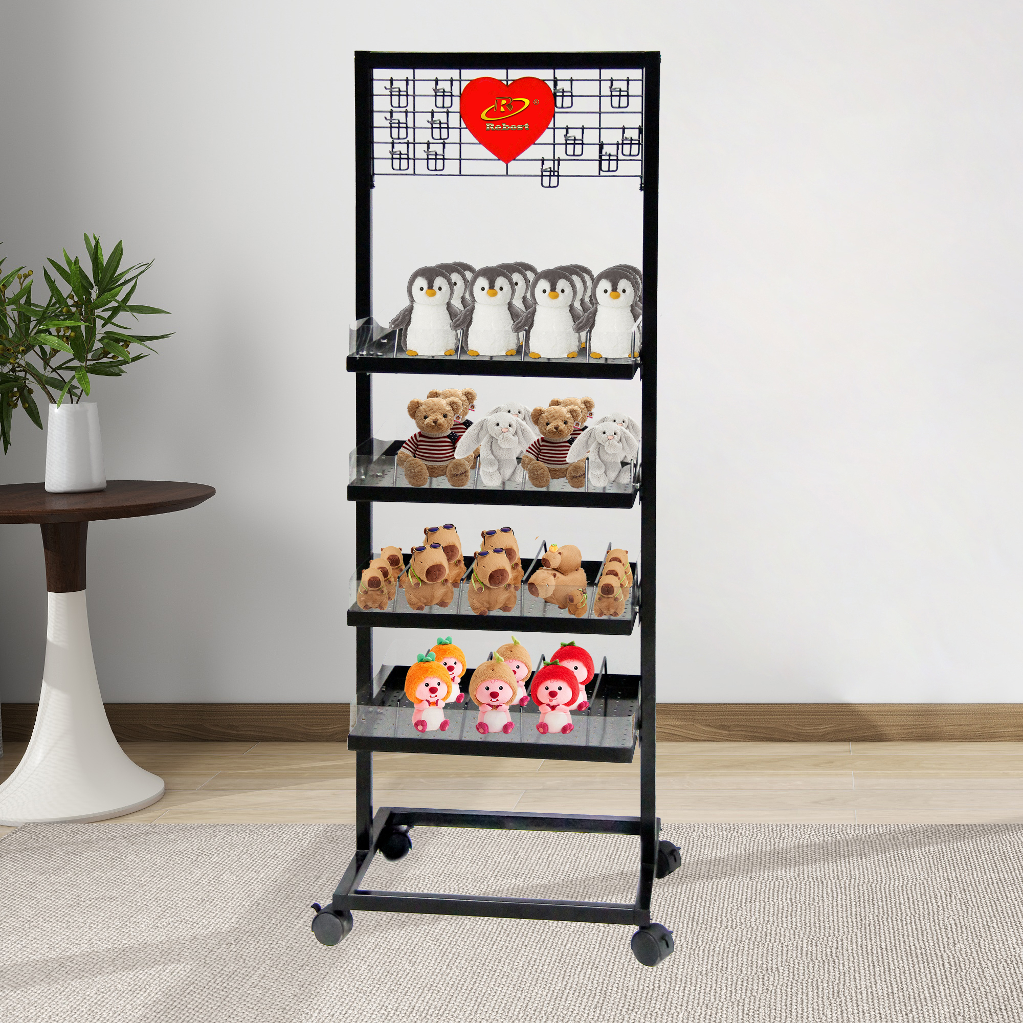 Toy Shop Display Rack with Shelves & Hooks on Wheels