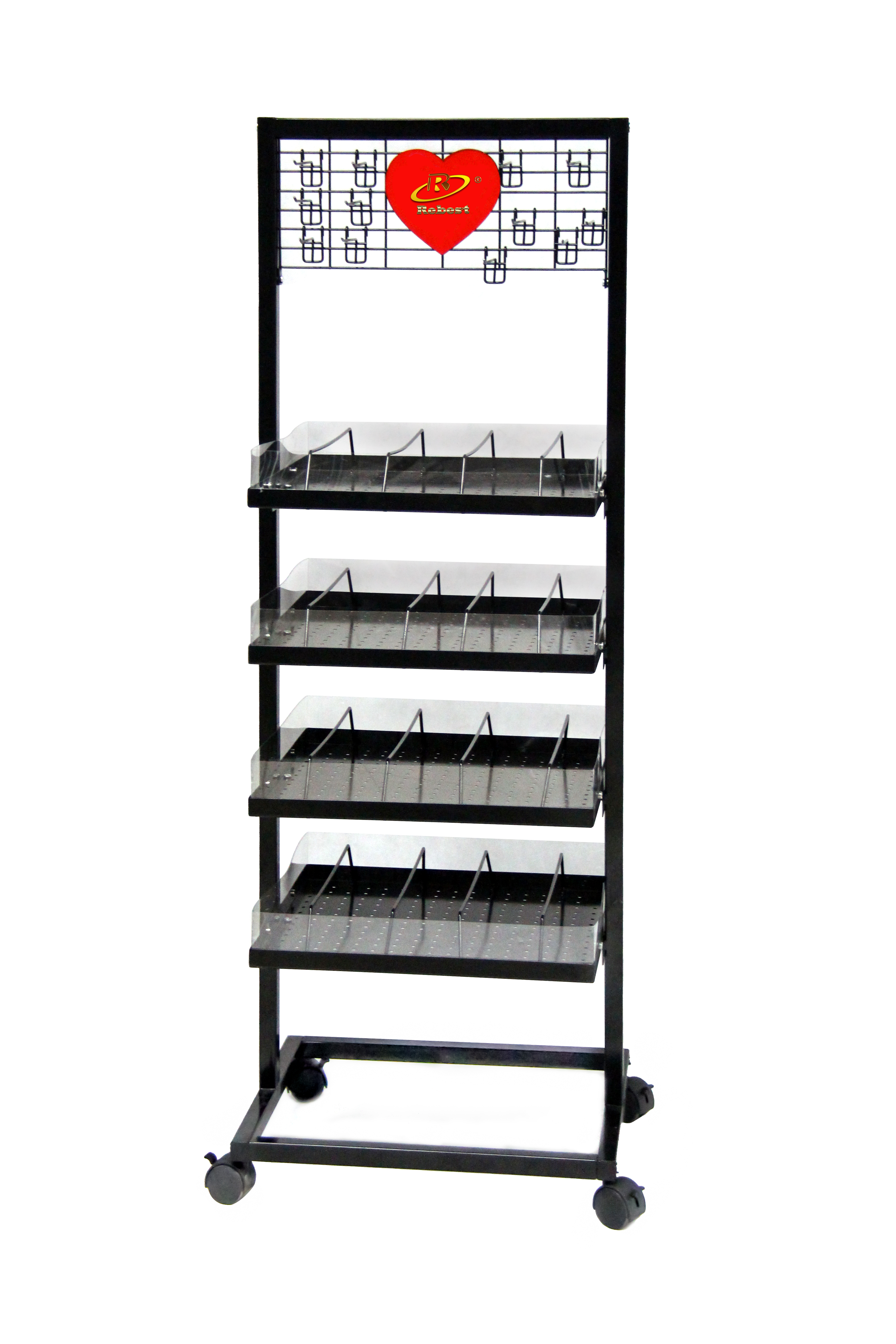 Toy Shop Display Rack with Shelves & Hooks on Wheels
