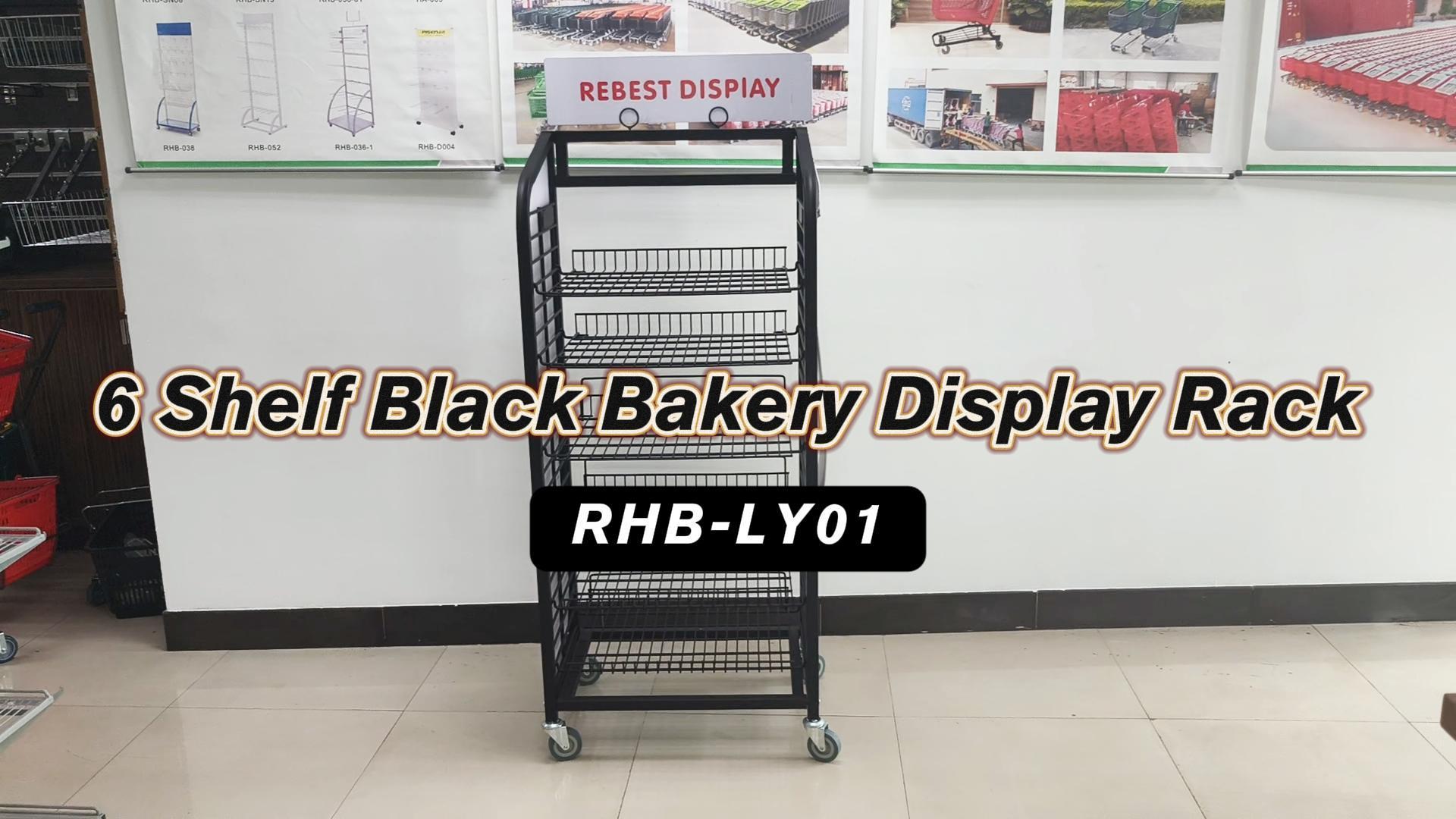 6-Shelf Bakery Display in Black Metal Wire Rack Storage Unit with Tilting Shelves