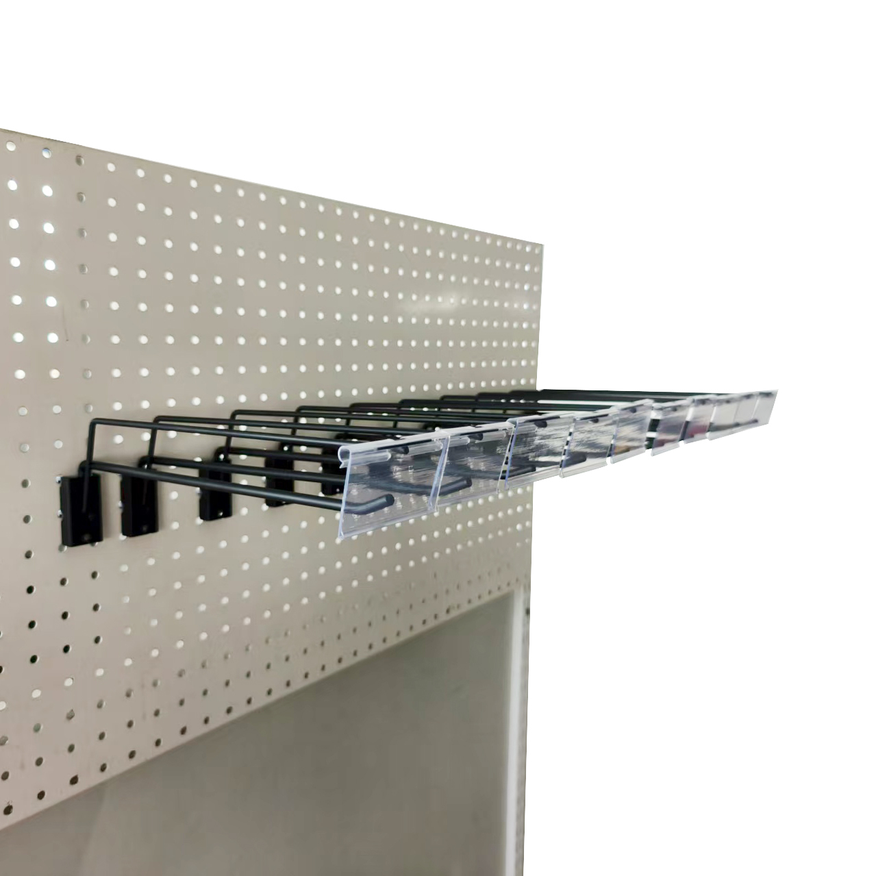 Thick Double Line Pegboard Display Hooks With Over Head Ticket Bar
