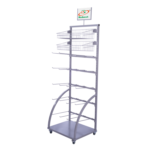 Metal Floor Unit Mug Display Stand With Hooks& Hanging Baskets