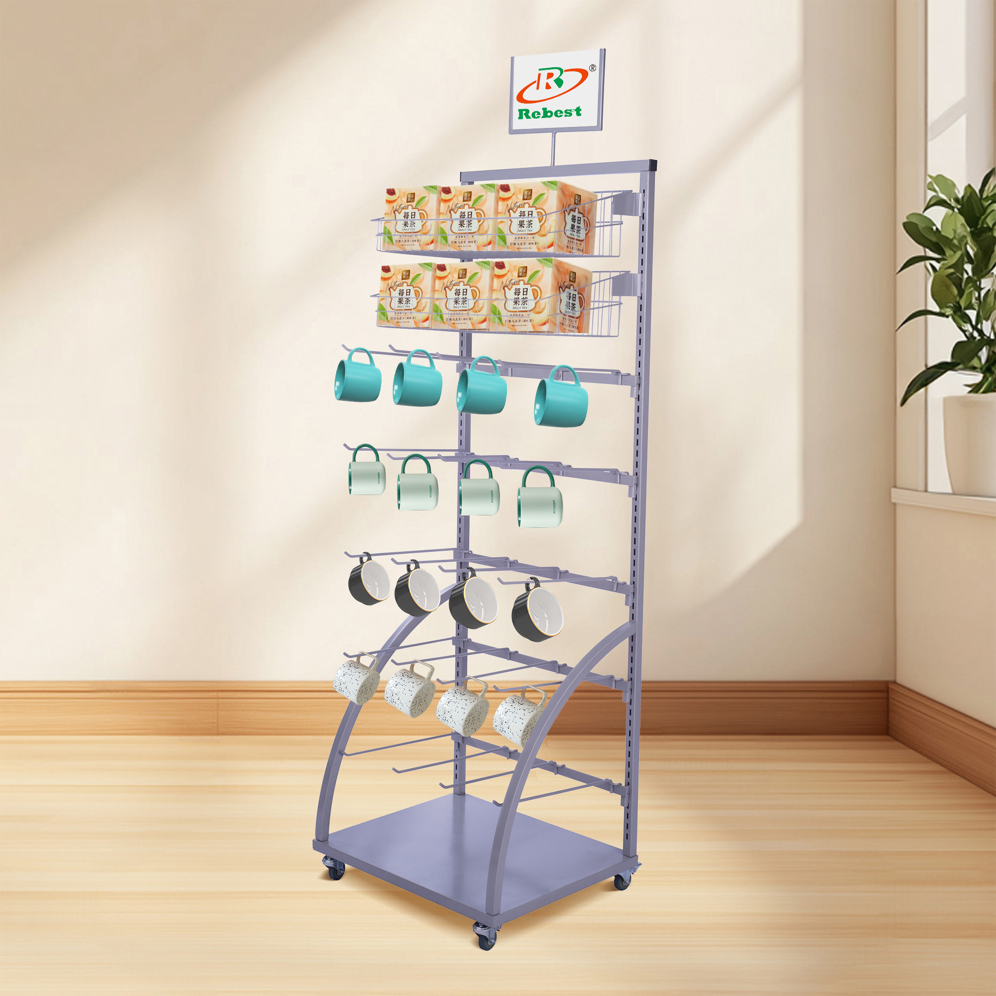 Metal Floor Unit Mug Display Stand With Hooks& Hanging Baskets