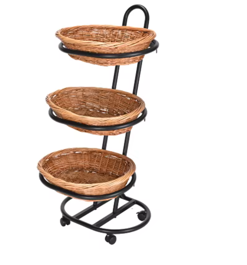 Mobile 3-Tier Round Wicker Basket Merchandising Display