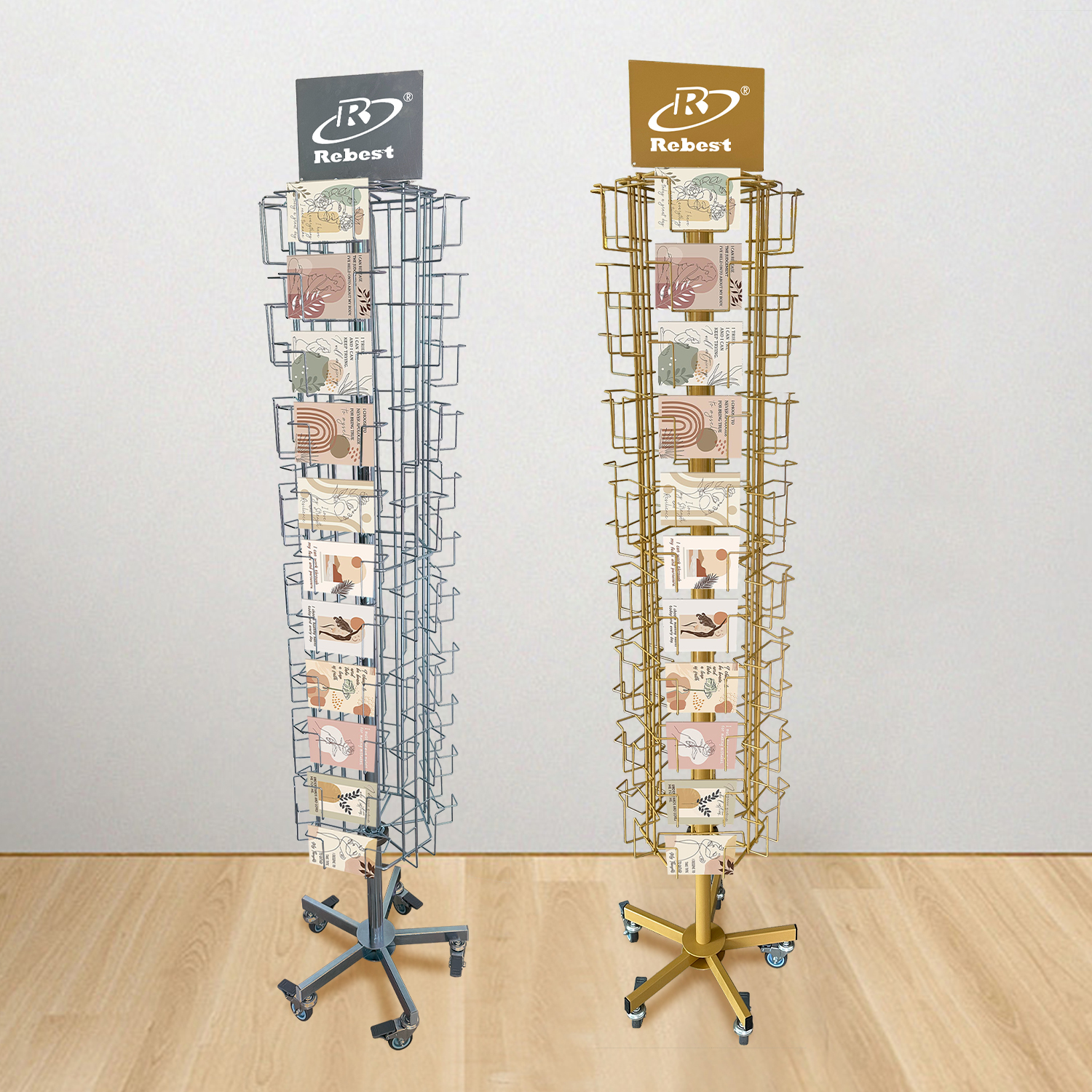 72-Pocket Rotating Greeting Card Display Rack with Wheels