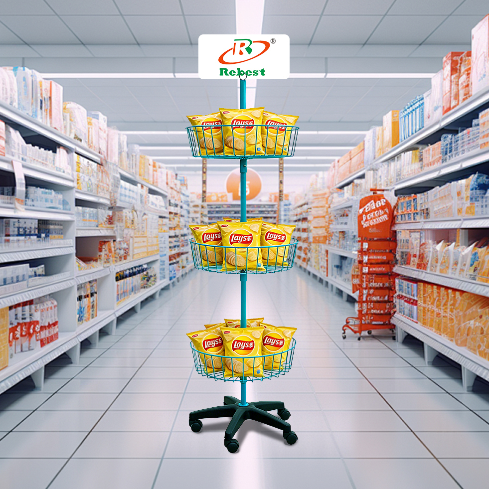 3 Tier Wire Basket Spinner Display Rack | Floor Stand