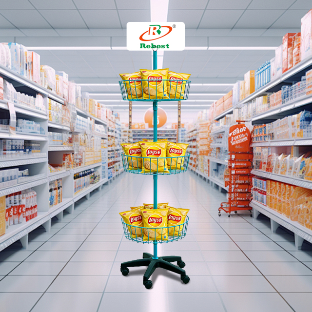 3 Tier Wire Basket Spinner Display Rack | Floor Stand