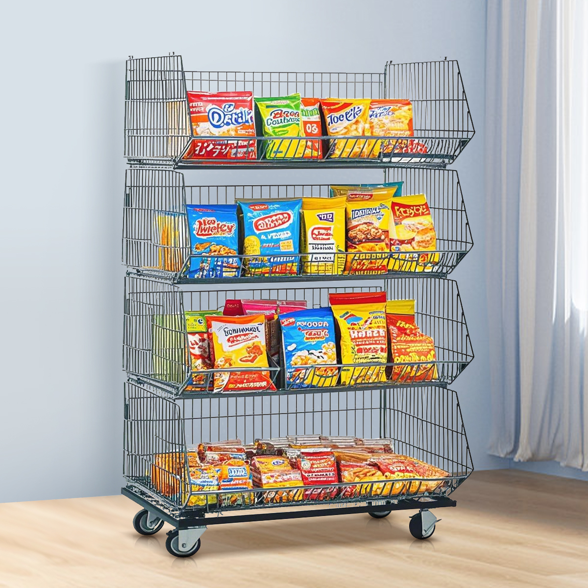 4-Tier Stackable Display Baskets with Wheels – Polished Zinc