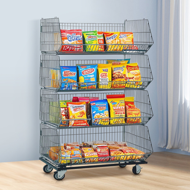 4-Tier Stackable Display Baskets with Wheels – Polished Zinc