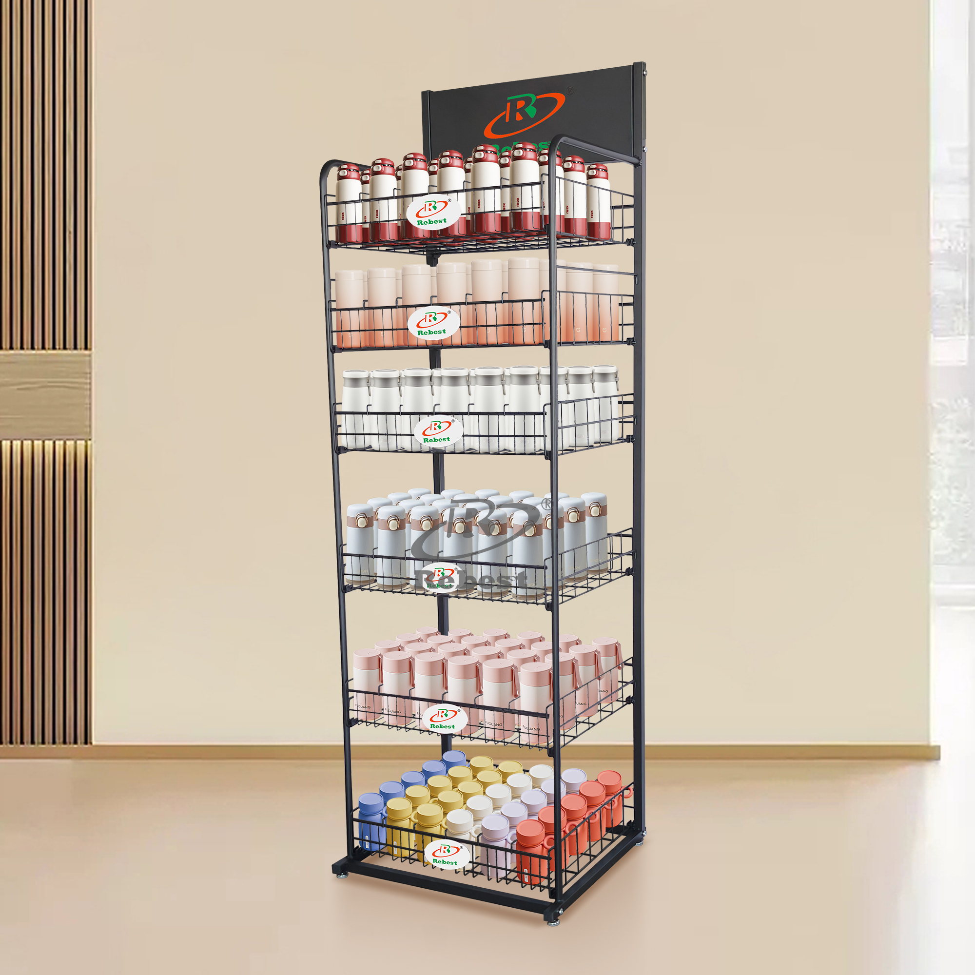 6-Layer Metal Bottle Stand with Baskets & Branding