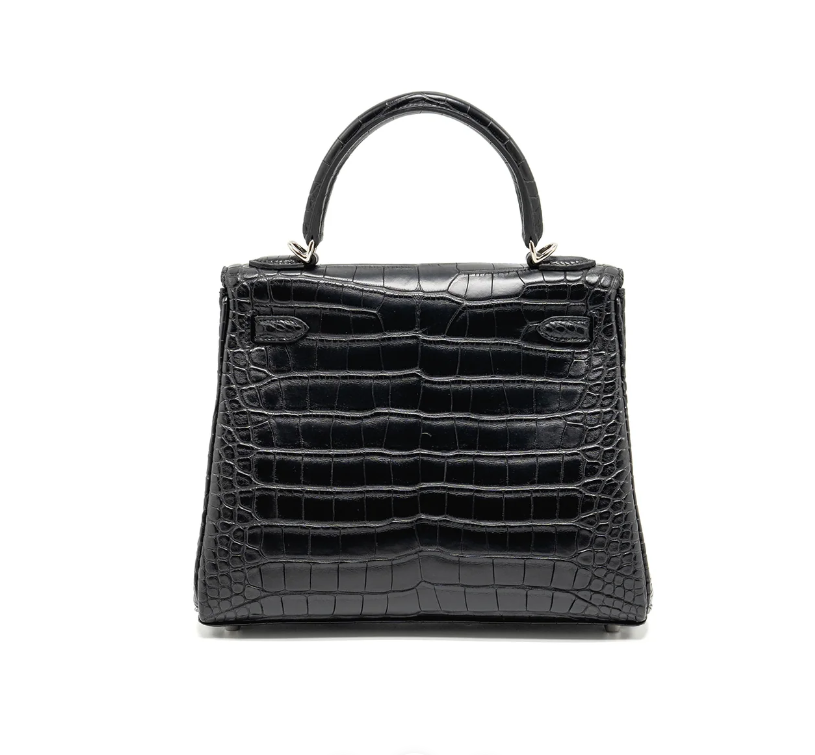 Hermes Kelly 25 matt alligator mississippiensis black SHW stamp W